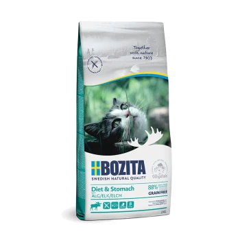 Ein 2 kg Sack Bozita Katzenfutter mit der Aufschrift "Diät & Magen", mit einer verspielten Katze auf der Vorderseite, 88 % Protein und getreidefrei.