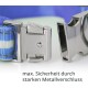 Nahaufnahme eines blauen Haustierhalsbands mit einer starken Metall-Schnalle, mit dem Text 'max. Sicherheit durch starken Metallverschluss.'
