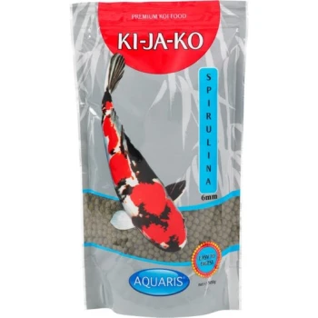 Premium-Koi-Futterpaket mit der Aufschrift "KI-JA-KO" und einem bunten Koi-Fischdesign, mit den Texten "Spirulina" und "6mm" sowie einem Abzeichen "Einfach zu verdauen!".