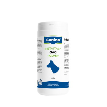 Weißer Supplementbehälter Canina PETVITAL GAG PULVER für Hunde mit blauer Hundesilhouette; sichtbarer Text „Für Hunde“.
