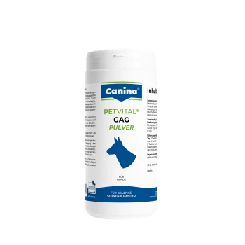 Weißer Supplementbehälter Canina PETVITAL GAG PULVER für Hunde mit blauer Hundesilhouette; sichtbarer Text „Für Hunde“.