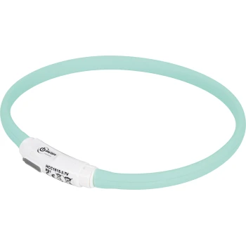 Leuchtring Silikon Kette türkis S-M Ein mintgrüner Haustierhalsband mit einem weißen Ein/Aus-Schalter, entworfen für Sichtbarkeit und Sicherheit.