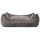 Grau gestreiftes Haustierbett mit einer weichen, plüschigen Oberfläche und erhöhten Rändern für Komfort.