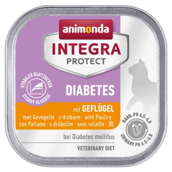 Integra Protect Diabète 16 x 100 g Volaille Nourriture pour chiens en conserve étiquetée "Animonda Integra Protect Diabetes" avec volaille, présentant des informations sur la glycémie stable et les niveaux de pH urinaire.