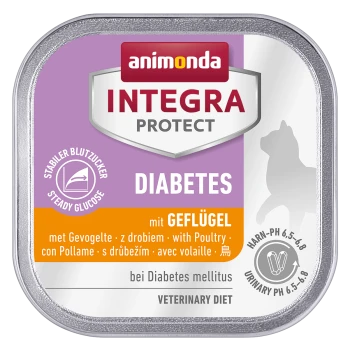 Dosenfutter für Hunde mit der Aufschrift "Animonda Integra Protect Diabetes" mit Geflügel, mit Informationen über stabile Glukose- und Harn-pH-Werte.