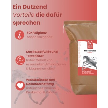 Ein weißer Eimer mit Krähen Busch Pferdefutter, der mit "Mineralfutter - Sport" beschriftet ist, wird prominent präsentiert, mit einem Pferd und einem Reiter im Hintergrund.