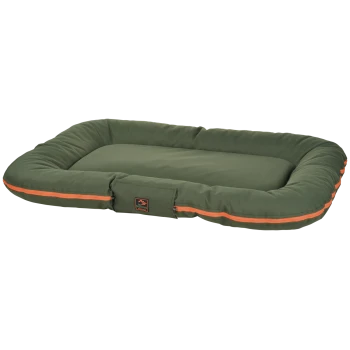 Olivgrünes, rechteckiges Hundebett mit gepolsterten Seitenrollen, orangefarbigen Reißverschlüssen und kleinem Patch mit Berg-Logo.