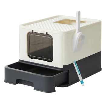 Moderne Katzenstreu-Box mit einer cremefarbenen Oberseite, dunklem grauen Boden, transparentem Türchen, Schaufelhalter und herausziehbarem Schublade für einfache Reinigung.