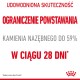 Tekst promujący skuteczność produktu dla zwierząt w redukcji tworzenia się kamienia nazębnego o 59% w ciągu 28 dni, z logo Royal Canin.