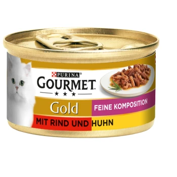 Gold Feine Komposition 12x85g Rind und Huhn Eine Dose Purina Gourmet Gold Katzenfutter mit einem weißen Kätzchen auf dem Etikett, mit dem Text 'Mit Rind und Huhn' und 'Feine Komposition.'