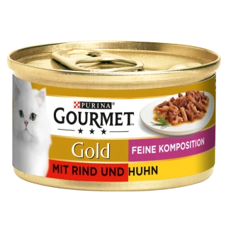 Een blik Purina Gourmet Gold kattenvoer met een witte kat op het etiket, met de tekst 'Met Rind und Huhn' en 'Feine Komposition.'