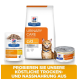Hill's Prescription Diet Urinary Care Produkte präsentiert: ein Beutel Trockenfutter, ein Beutel Nassfutter und eine Dose, mit einer Katze im Hintergrund.