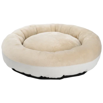 Rundes beige-weißes Plüsch-Haustierbett mit erhöhten Rändern und weichem Kissen in der Mitte, gezeigt auf weißem Hintergrund.