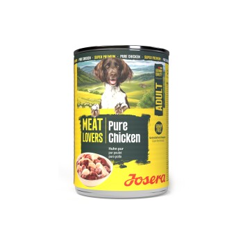 Josera Adult Hundefutterdose mit der Aufschrift 'Meat Lovers Pure Chicken', Hundefoto, einer Schale mit Hühnerfleisch und dem Hinweis 'Grain Free'.