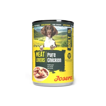 Josera Adult Hundefutterdose mit der Aufschrift 'Meat Lovers Pure Chicken', Hundefoto, einer Schale mit Hühnerfleisch und dem Hinweis 'Grain Free'.