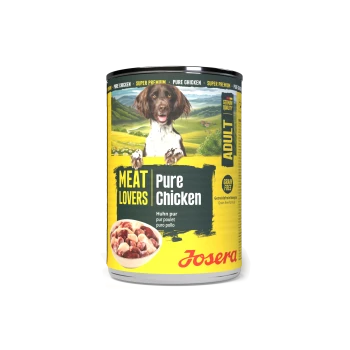Josera Adult Hundefutterdose mit der Aufschrift 'Meat Lovers Pure Chicken', Hundefoto, einer Schale mit Hühnerfleisch und dem Hinweis 'Grain Free'.