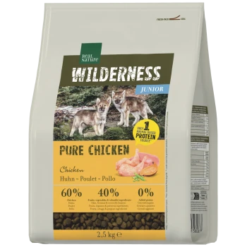 Beutel Real Nature Wilderness Junior Hundefutter 'Pure Chicken' 2,5 kg, 60% Huhn, 40% Gemüse, 0% Getreide.