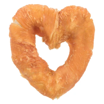 Heart-shaped dried chicken dog treat on a white background from an online pet store.