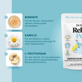 Bild eines Haustierergänzungs-Pakets mit "Dr. S." und aufgelisteten Zutaten: Bierhefe für Nerven, Kamille für Balance und L-Tryptophan für die Stimmung.