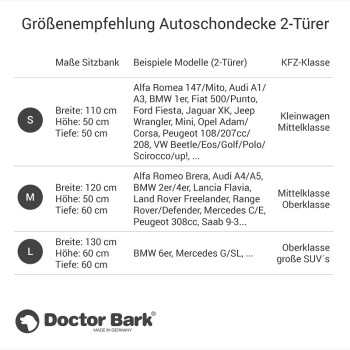 Tabelle mit Größenempfehlungen für Rücksitzbezüge für Zweitürer von Doctor Bark, mit Abmessungen und Beispielautomodellen für jede Größe.