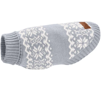 Grauer Haustiersweater mit weißem Schneeflockenmuster und gerippten Bündchen, ausgestattet mit einem kleinen braunen Lederetikett.