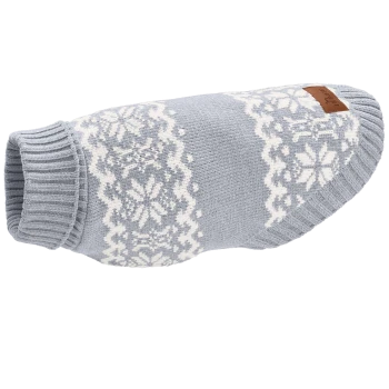 Grauer Haustiersweater mit weißem Schneeflockenmuster und gerippten Bündchen, ausgestattet mit einem kleinen braunen Lederetikett.
