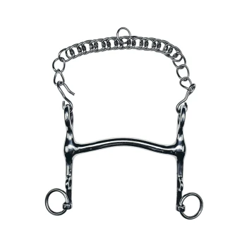 Metallpferdegebiss mit einer Kette, mit einem glatten Mundstück und zwei Ringen zur Befestigung der Zügel.