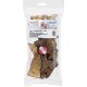 Verpackte Hundeleckerlis mit der Aufschrift "Wild & fein", die getrocknete Rehhautstreifen enthalten, mit Text, der 100 % natürliche Zutaten und keine Zusatzstoffe angibt.