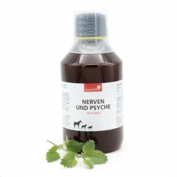 Braune Flasche des HerzensTier Nerven und Psyche Haustierergänzungsmittels, 100 % natürlich, mit Pferd-, Hund- und Katzen-Symbolen.