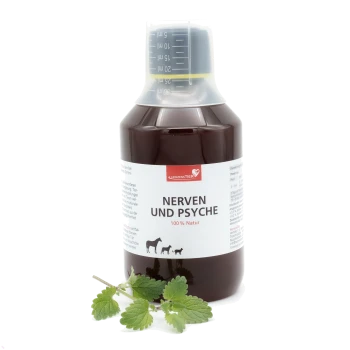 Braune Flasche des HerzensTier Nerven und Psyche Haustierergänzungsmittels, 100 % natürlich, mit Pferd-, Hund- und Katzen-Symbolen.