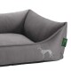 Graues Hundebett mit hohen Seiten, mit einem gestickten Greyhound-Design und einem grünen "HUNTER"-Tag.