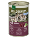 Eine Dose Real Nature Wilderness Junior Tiernahrung mit einem "Pure Horse"-Label, das zwei Wolfwelpen zeigt, enthält 95% Pferdefleisch.