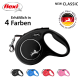 Schwarze einziehbare Hundeleine mit silbernem Logo, mit "NEUE KLASSIK" und "Erhältlich in 4 Farben." Erhältlich in Schwarz, Blau, Rot, Pink.