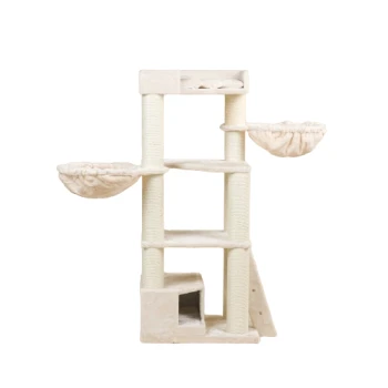Ein beiger Katzenbaum mit zwei erhöhten Plattformen, Kratzpfosten und einem gemütlichen Versteck an der Basis, entworfen für das Spielen und Ausruhen von Katzen.