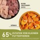 Rohes Huhn, Truthahn und Ente in einer schwarzen Schüssel mit gewürfeltem Kürbis in einer Holzschüssel. Textnotiz "65% Zutaten von kleinen Futtertieren."