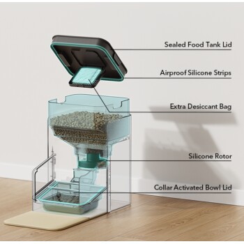 Transparenter Futterspender mit Trockenfutter; Beschriftungen: Sealed Tank Lid / Silicone Strips / Desiccant Bag / Rotor / Collar Bowl Lid.