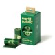 Emballage vert de sacs à crottes Earth Rated sans parfum, contenant 120 sacs, avec un rouleau visible et un sac découpé sur le côté.