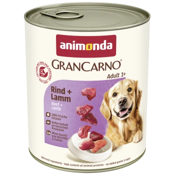 Dose Animonda GranCarno Adult 1+ Hundefutter, Rind- und Lammgeschmack, mit Bild eines Golden Retrievers und Fleischstücken.
