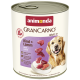 Dose Animonda GranCarno Adult 1+ Hundefutter, Rind- und Lammgeschmack, mit Bild eines Golden Retrievers und Fleischstücken.