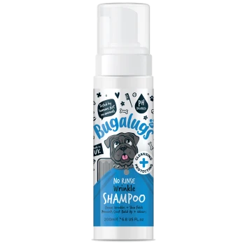 Flasche Bugalugs No Rinse Wrinkle Shampoo für Hunde, 200ml, mit Hundeillustration und Text „Reinigt Falten + Hautfalten“.