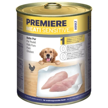 Canned dog food "Premiere Meati Sensitive" with raw chicken fillets, grain-free and gluten-free for sensitive stomachs.