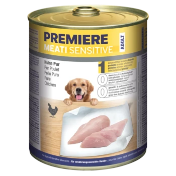 Dose Hundefutter "Premiere Meati Sensitive" mit rohen Hühnerfilets, getreidefrei und glutenfrei für empfindliche Mägen.