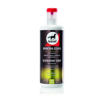 Flasche Leovet Bronchial-Elixier Atemwegs-Sirup für Pferde, mit Echinacea. Text hebt die beruhigenden Effekte auf die Atemwege hervor.