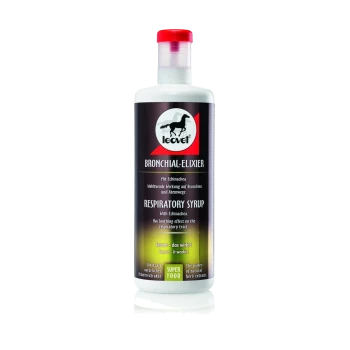 Flasche Leovet Bronchial-Elixier Atemwegs-Sirup für Pferde, mit Echinacea. Text hebt die beruhigenden Effekte auf die Atemwege hervor.