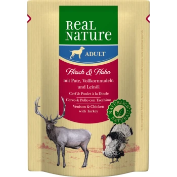 Adult Pouches Hirsch und Huhn 6x300 g Verpackung von Real Nature Haustierfutter mit Wild und Huhn mit Truthahn, illustriert mit einem Reh, einem Huhn und einem Truthahn.