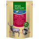 Verpackung von Real Nature Haustierfutter mit Wild und Huhn mit Truthahn, illustriert mit einem Reh, einem Huhn und einem Truthahn.