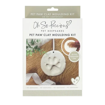 Packaged "Oh So Precious" Pet Paw Clay Moulding Kit showing an air-dry clay paw print ornament with ribbon; visible text "Pet Keepsakes" and "Air Dry Lightweight Clay".