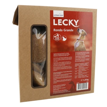 Emballage en carton brun pour la friandise pour chiens "LECKY Rondo Grande", avec une fenêtre affichant la friandise et les informations nutritionnelles.