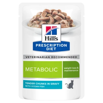 Pochette de nourriture pour chats Hill's Prescription Diet Metabolic, présentant des morceaux tendres dans une sauce avec du poisson de mer, étiquetée pour la perte de poids et le maintien.