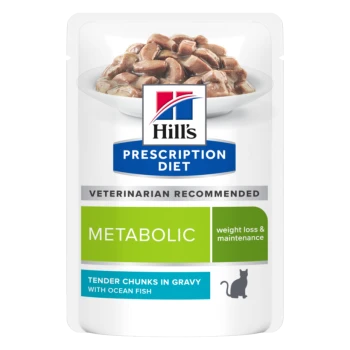 Hill's Prescription Diet Metabolic Katzenfutterbeutel mit zarten Stückchen in Soße mit Meeresfisch, gekennzeichnet für Gewichtsverlust und -erhaltung.
